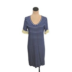 Boden Dress Womens Size 6R Blue White Stripe Knit Ruffle Sleeve Casual Summer
